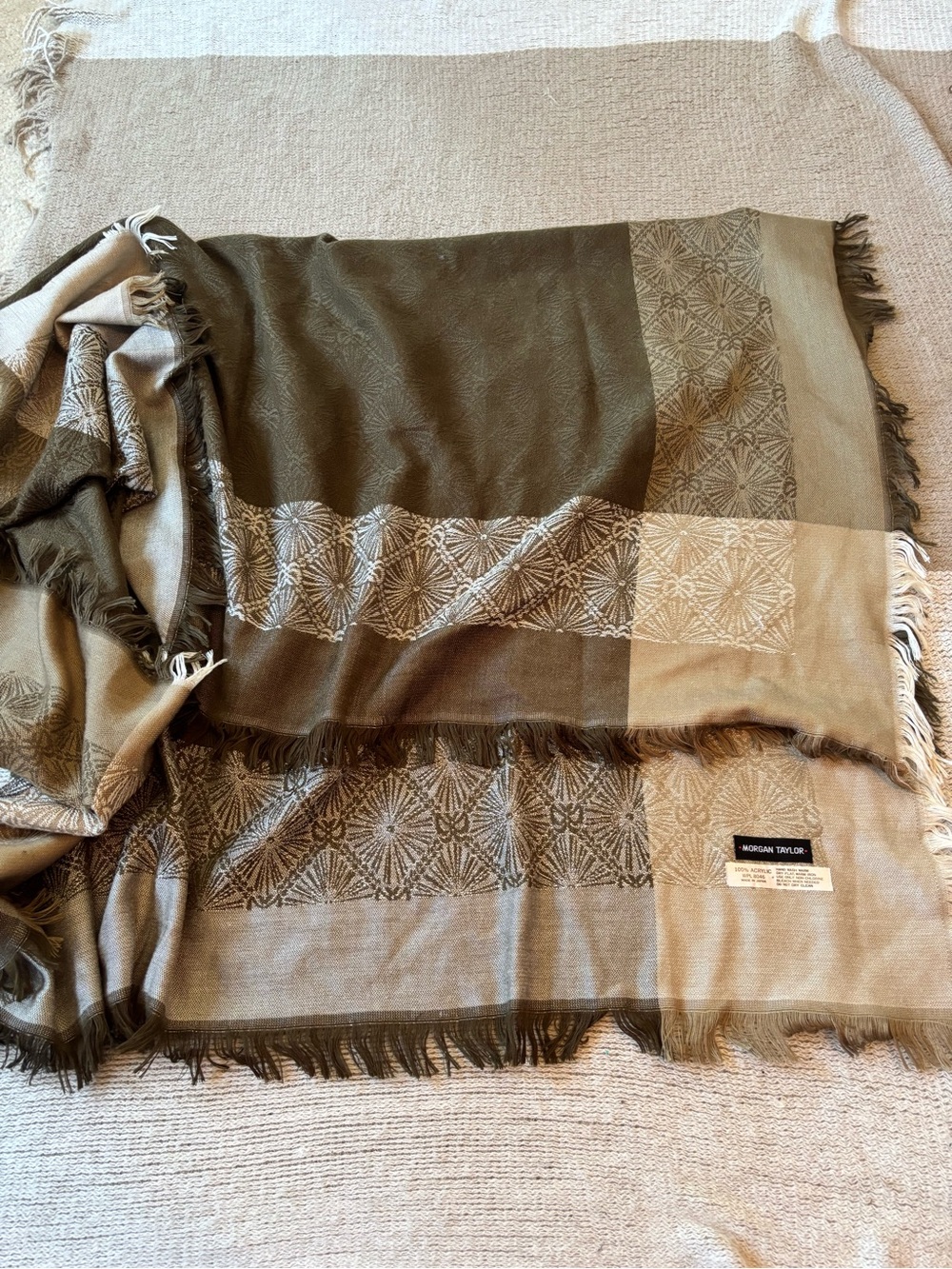 Morgan Taylor Beige Knit Scarf with Subtle Jacquard Detail 48”